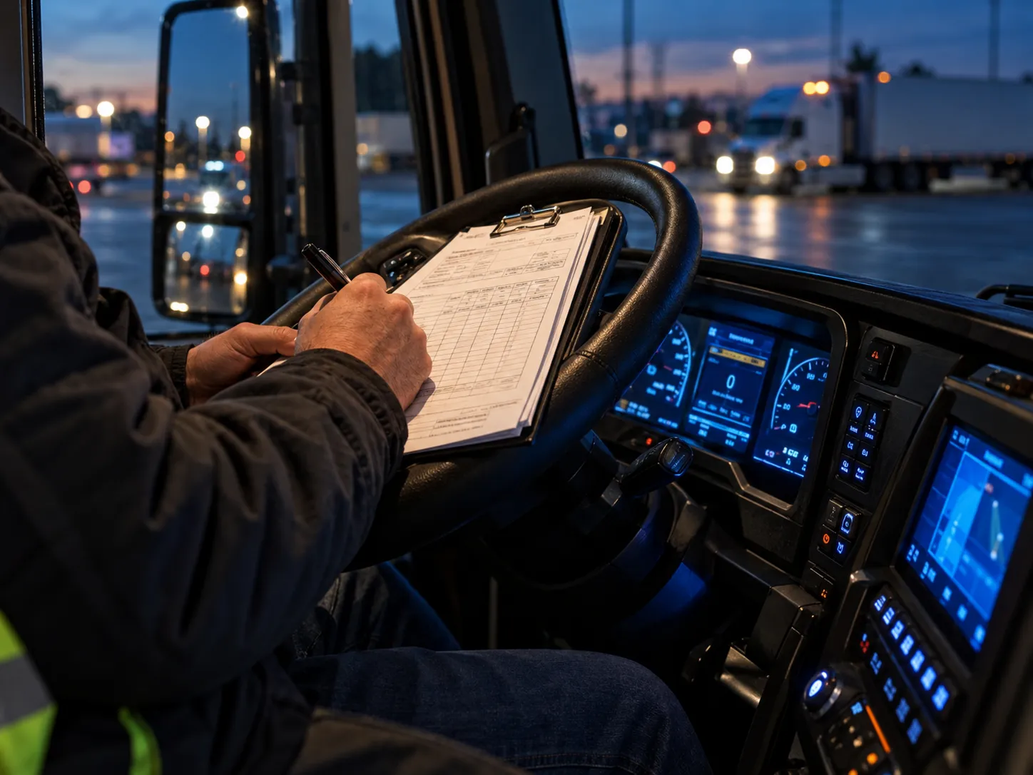 Conductor anotando datos en un formulario apoyado en el volante de su camión