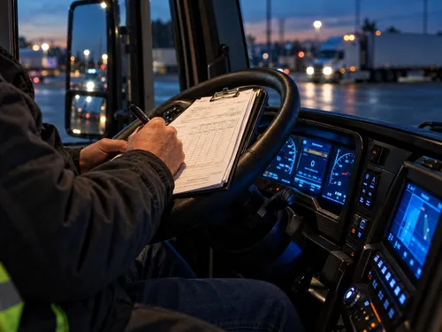 Conductor anotando datos en un formulario apoyado en el volante de su camión
